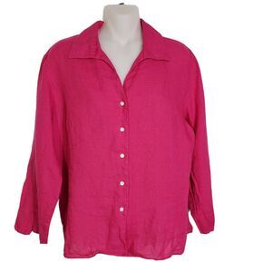 Talbots Womens Top Size 12 100% Irish Linen Hot Pink 3/4 Sleeve Button Up Blouse